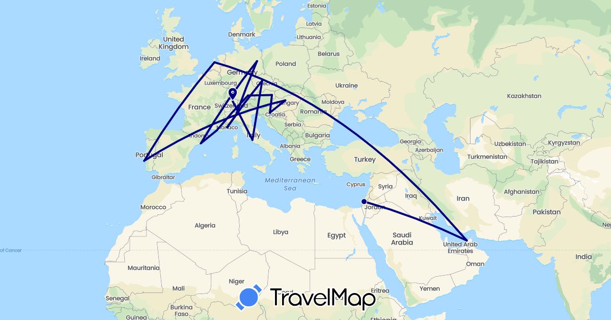 TravelMap itinerary: driving in United Arab Emirates, Austria, Switzerland, Czech Republic, Germany, Spain, France, Croatia, Hungary, Israel, Italy, Monaco, Netherlands, Portugal (Asia, Europe)