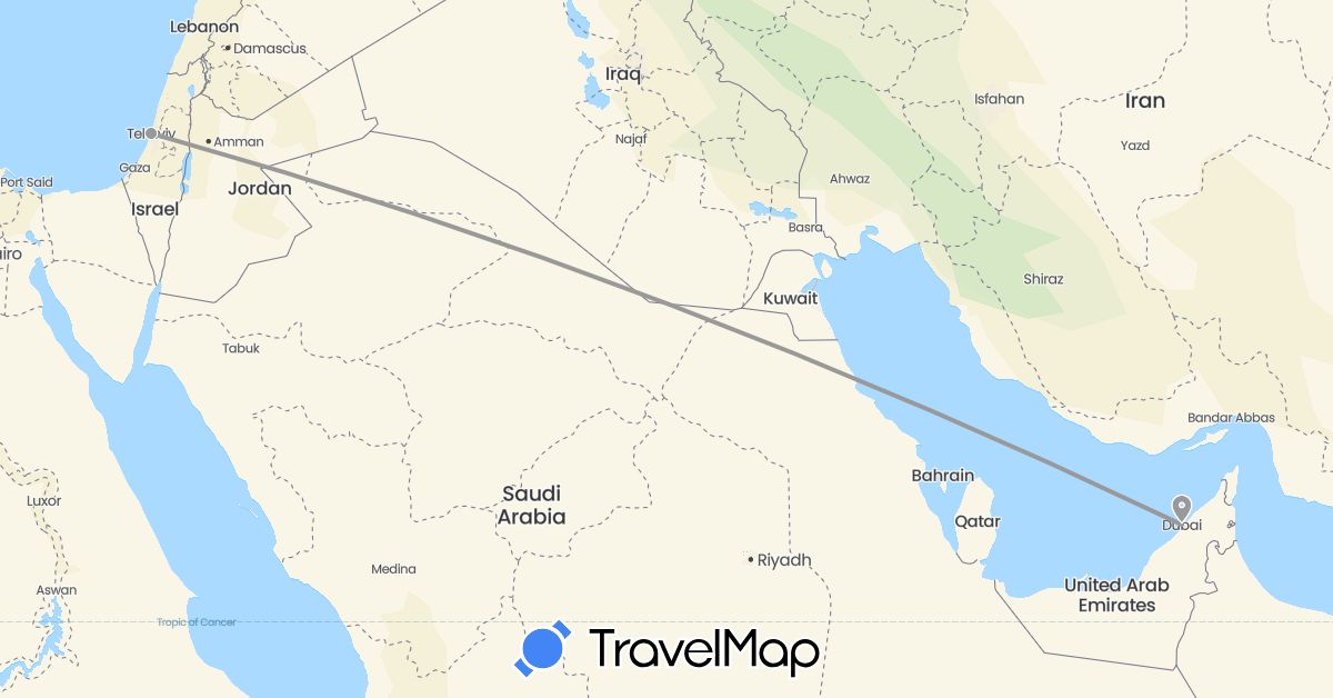 TravelMap itinerary: driving, plane in United Arab Emirates, Israel (Asia)